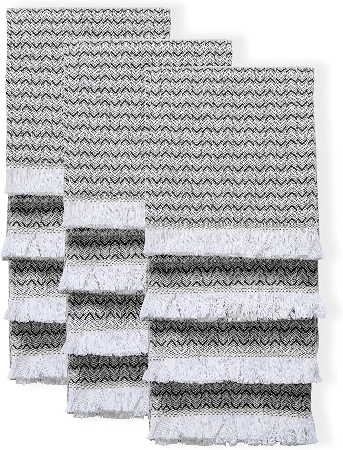 TWINY threads Kitchen Towel Chevron Weave, Premium Kitchen Linen Set, Large 100% Cotton Dish Rags, Absorbent Quick Drying for Daily Use, Washable Reusable, Set of 12, 16x26 Inches, Black