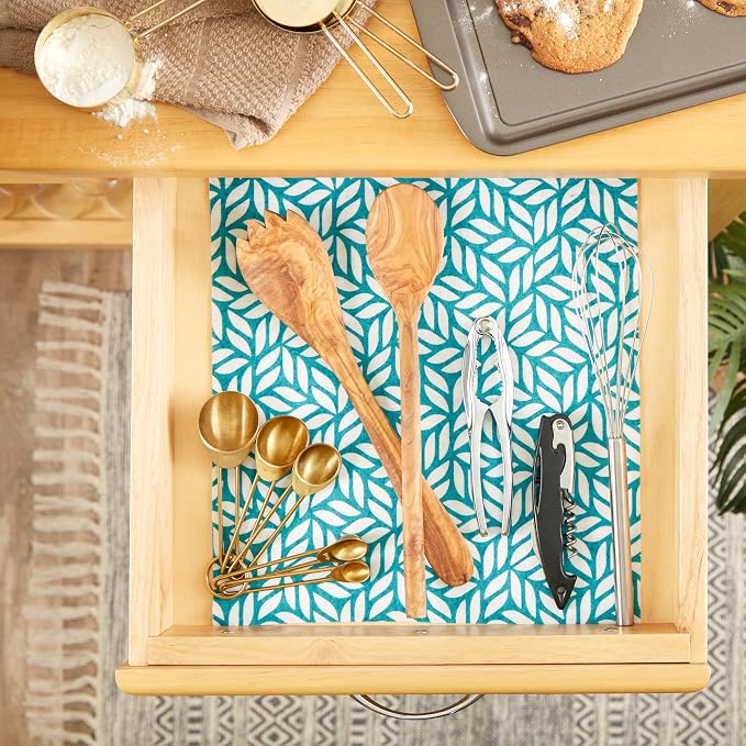 DII Fridge Liner Collection Non-Adhesive, Cut to Fit, 12x24, Teal Abstract Leaf, 6 Piece