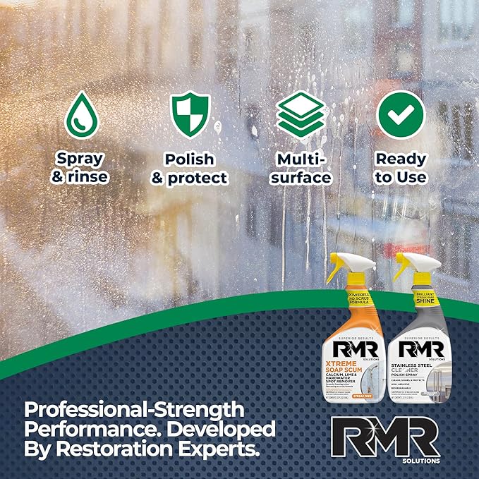 RMR Buildup Breakdown Bundle – Xtreme Soap Scum Remover + Stainless Steel Cleaner Polish, 2-Step Bathroom & Kitchen Cleaning Kit for Shower, Tub, Tile, Glass & Stainless Appliances, 2–32 Oz Bottles