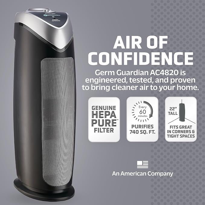 GermGuardian Air Purifier with HEPA 13 Filter, for Home, Bedroom, Allergies, Pet Hair, Removes 99.97% of Pollutants, Covers Large Room up to 740 Sq. Foot Room in 1 Hr, 22", Gray, AC4820