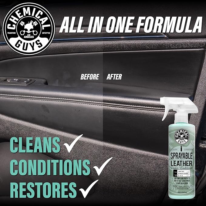 Chemical Guys SPI_103_16 Sprayable Leather Cleaner and Conditioner in One for Car Interiors, Apparel, Leather Scent, 16 fl oz & TVD11316 Tire Kicker Sprayable Extra Glossy Tire Shine, 16 fl oz