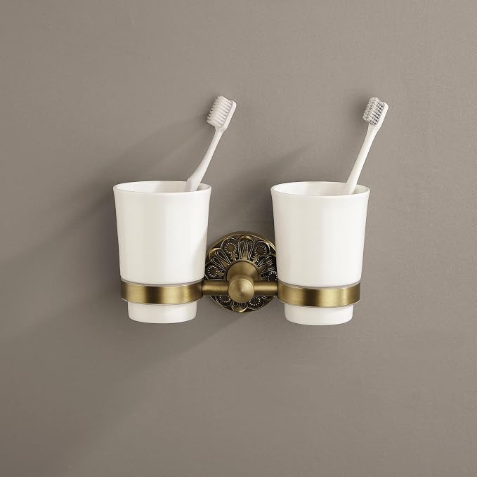Double Toothbrush Holder Wall Mounted, Mouthwash Cup Holder for Bathroom Wall, Antique Brass Holder and Two White Ceramic Cups, Vintage Petal-Relief Bathroom Decorative Accessories