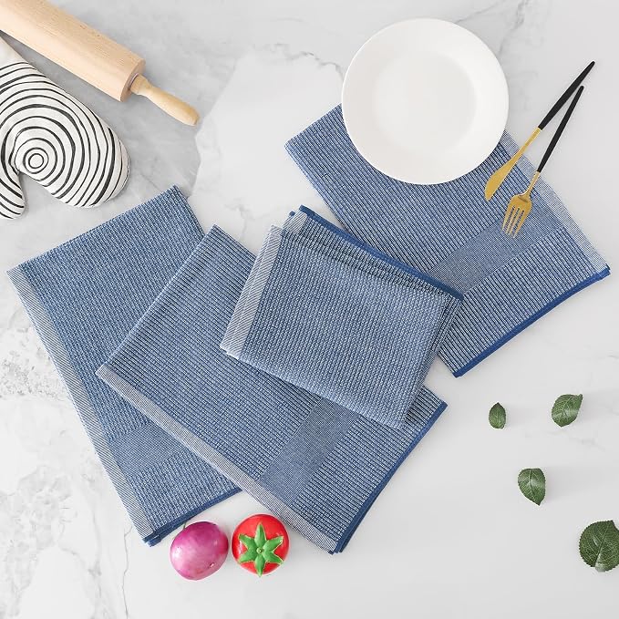 Homaxy Premium Kitchen Towels(18”x 28”, 8 Pack), Large Cotton Kitchen Hand Towels, Flat and Terry Dish Towels, 380 GSM Highly Absorbent Tea Towel Set with Hanging Loop, Navy Blue