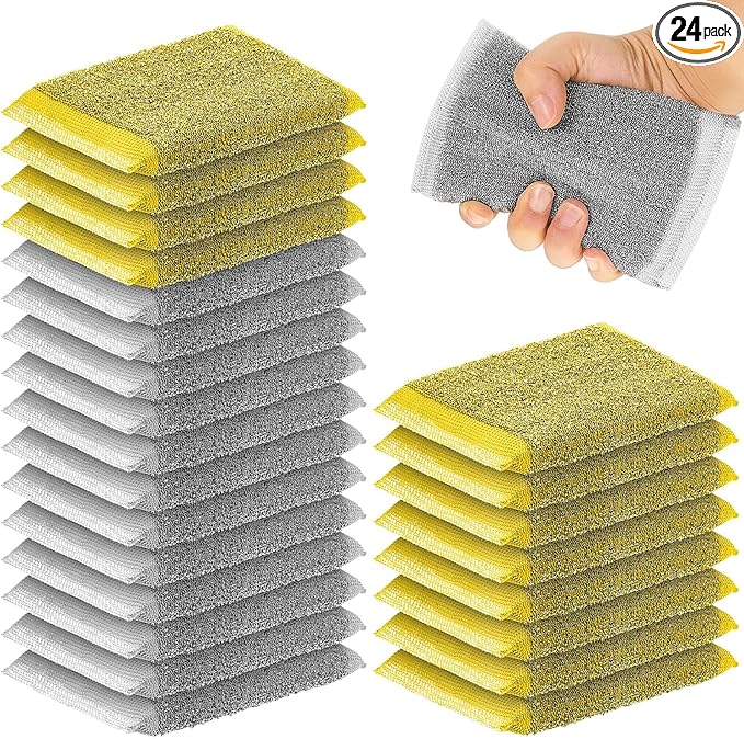 Thyle 24 Pack Steel Scrub Sponges for Dishes Non Scratch Scouring Multi Use Metal Scrubber Heavy Duty Dish Wash Kitchen Sponge for Pot Dish Washing Hard Surface Cleaning (Gray,Yellow)
