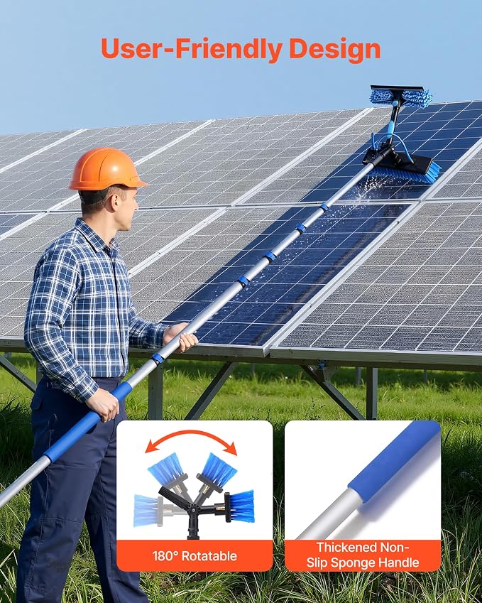 VEVOR Solar Panel Cleaning Kit, 33 ft, Water Fed Pole Kit with Cleaning Brush, Soap Dispenser, Extendable Aluminum Telescopic Pole, 180° Rotatable Brush Head, for Roof Mounted Solar Panels, Windows