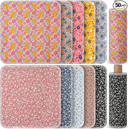 Redbaker 50 Pcs Reusable Paper Towels Paperless Reusable Cotton Cloths Toilet Absorbent Washable Paper Towels with Roll Kitchen Dishcloth for Kitchen Paperless Dishcloths(Rustic)