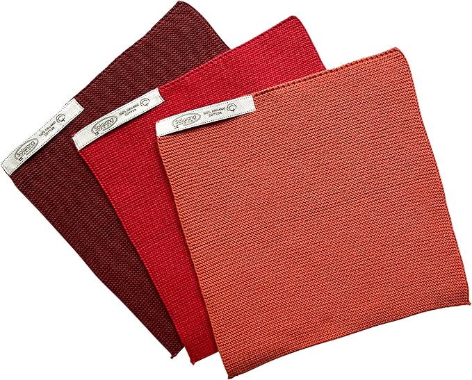 Solwang 3-Piece Danish Cotton Dishcloths in 100% Certified Organic Cotton Made in India (Burned Red Organic Combi)