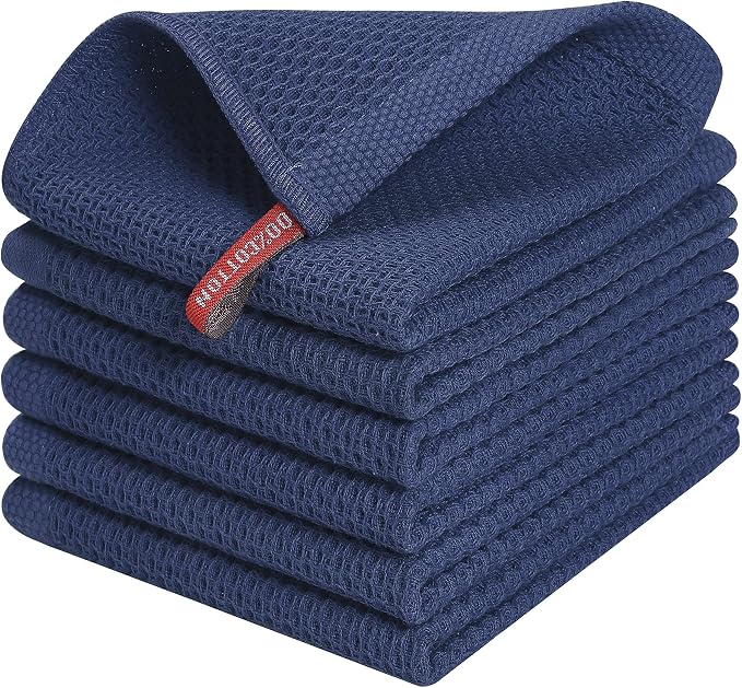 Kitinjoy 100% Cotton Kitchen Dish Cloths (12 X 12 Inches, Navy Blue), 6 Pack Waffle Weave Ultra Soft Absorbent Dish Towels for Drying Dishes Quick Drying Kitchen Towels Dish Rags