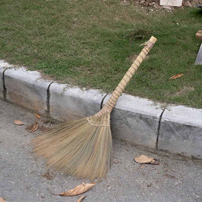 Outdoor Broom for Floor Cleaning, 43.3'' Length Heavy-Duty Natural Grass Broom for Sweeping Concrete Courtyard Garage Patio Indoor Home Kitchen Office Lobby