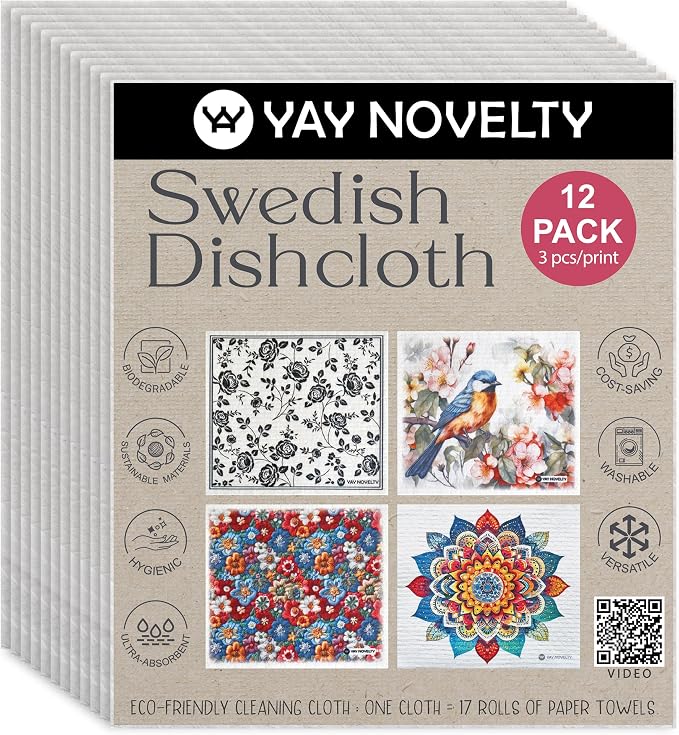 Swedish Dishcloths - 12 Pack | Made in Germany | Ultra-Absorbent, Reusable Cellulose Sponge Cloths for Kitchen | No-Odor, Eco-Friendly Cleaning Wipes | Water-Based Ink | Traditional