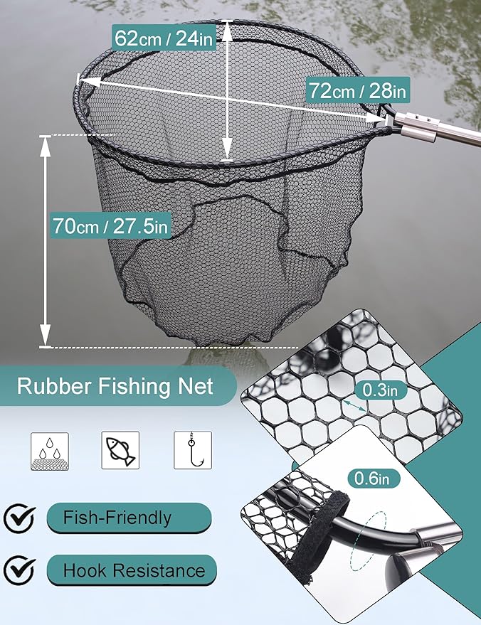 Avlcoaky 94" Telescopic Fishing Landing Net - Heavy-Duty Aluminum Handle with Non-Snag Rubber Coated Mesh, Extra Large Fishing Net for Saltwater Boat Fishing