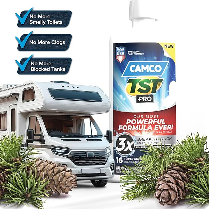 Camco TST PRO Camper/RV Toilet Treatment - Innovative Bio-Enzymatic Formula -Fastest Odor Stopper & RV Sewer Waste Breakdown - RV Black Tank Treatment - Fresh Pine Scent - Septic-Safe, 32-Oz (41771)