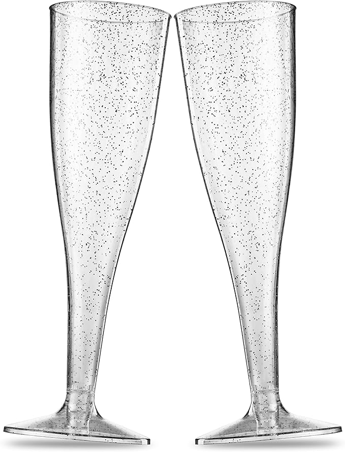 Munfix 100 Plastic Champagne Flutes - 5 Oz Disposable Silver Glitter Champagne Glasses for Parties, Mimosa Bar, Events, Wedding and Shower Party Supplies - Toasting Cocktail Cups