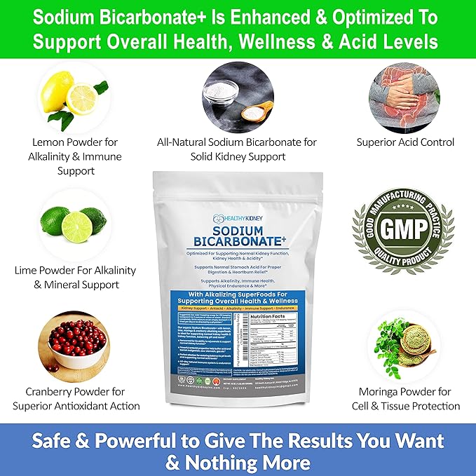 Organic Use Sodium Bicarbonate Alkaline Supplement for Alkalinity. Support Kidney & Stomach Acid Neutralizer w/Alkaline Superfoods. Sodium Bicarbonate Powder Kidney Immune Support Antacid Sport 1.5LB