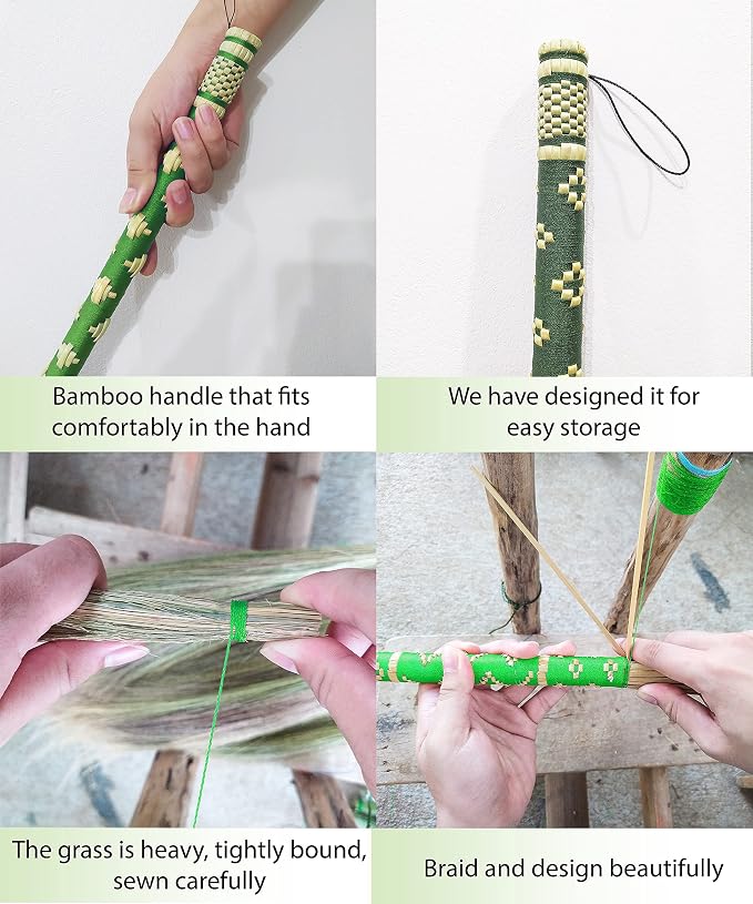 Natural Grass Thai Broom for Sweeping Vintage Retro, Handmade Broom,Witch Broom,Durable Broom for Indoor & Outdoor,Broomstick Bamboo Stick Long Handle (Turquoise)