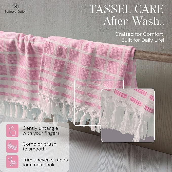 Matrix Dobby Kitchen Towels 12 Pack 100% Cotton, 16x26 Inches, Dish Towels with Knotted Tassels, Reusable and Washable Cloths for Cleaning, Drying Dishes - Rose Pink, Natural