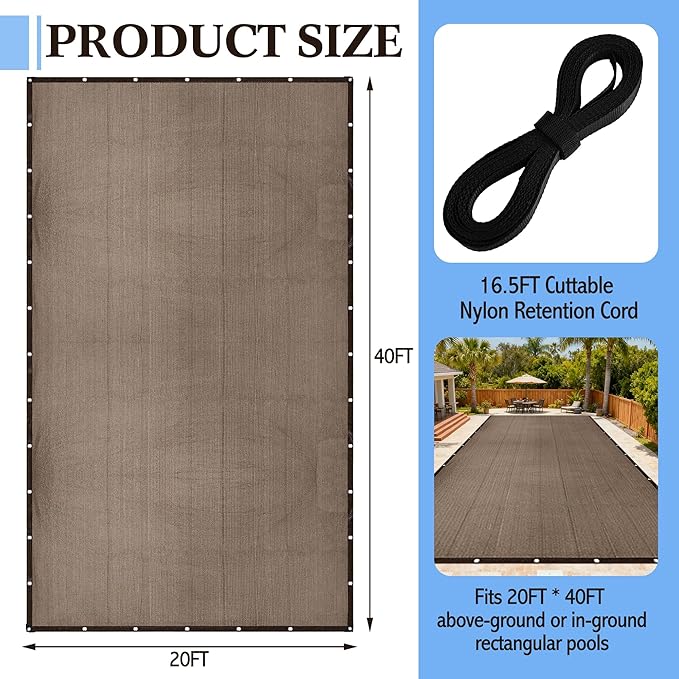 Pool Leaf Net Cover with Gromments and Ropes, 20 x 40 FT Mesh Pool Covers for Inground/Above Ground Swimming Pools, Keep Leaves Out of Your Pool, Tear Resistant, UV Resistant, Reatherproof