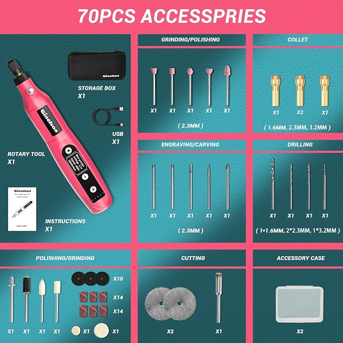 Cordless Rotary Tool, 5 Variable Speed Mini Rotary Tool Kit with 70 Accessories, 3.7V Type-C Charging Power Rotary Tool for Engraving, Sanding, Polishing, Carving, Cutting, DIY Crafts