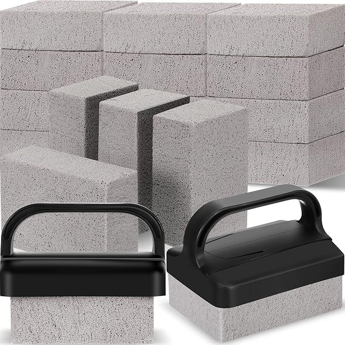 Kacctyen 16 Pcs Pumice Stones Scrubbing Grill Griddle Cleaning Brick Block Grill Cleaning Stone Griddle Scrubber Cleaner with 2 Pcs Handle for Outdoor BBQ Oven Flat Top Cookers Remove Greases Stains