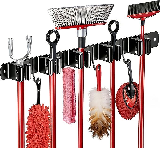 5 Racks and 4 Hooks Mop and Broom Holder Wall Mount, SUS304 Heavy Duty Broom Organizer Storage Tool Racks, Self Adhesive Solid Non-slip Tool Hangers for Home Kitchen Garden Laundry Garage