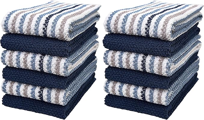 Premium Kitchen Towels (16”x 26”, 12 Pack) | Large Cotton Kitchen Hand Towels | Popcorn Striped Design | Dish Towels | 430 GSM Highly Absorbent Tea Towels Set with Hanging Loop | Blue