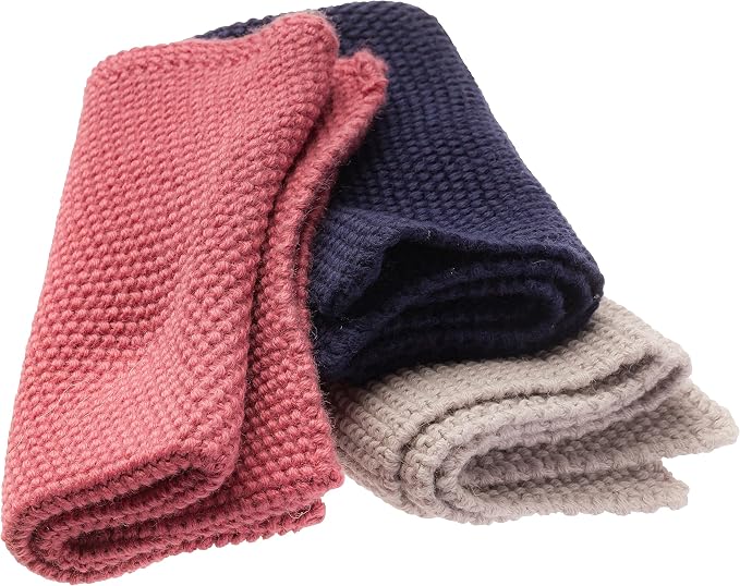 Redecker Knitted Dish Cloth, Set of 3, Machine Washable, Blue/Rose/Grey
