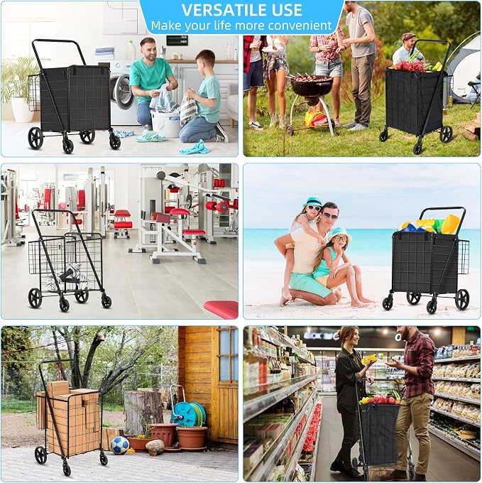 HABUTWAY Grocery Cart on Wheels with Removable Liner, Folding Shopping Cart,Heavy Duty Shopping Carts for Groceries,360° Rolling Laundry Cart,Lightweight Trolley for Seniors 220lb Capacity Black