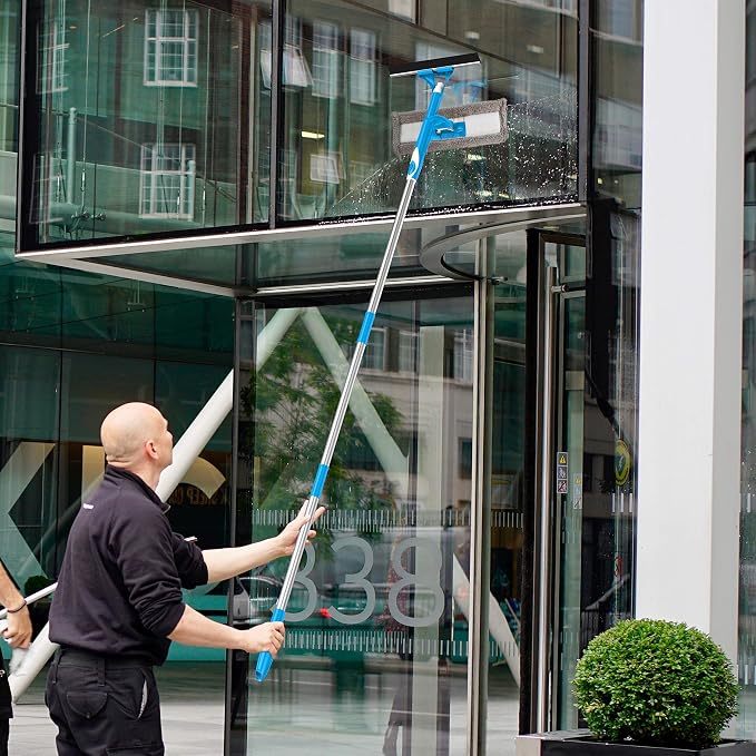 SCRUBIT Extendable Squeegee Window Cleaner- Window Cleaning Tool with Microfiber Scrubber & Spray Head - 58" Long Extension Pole for High Windows and Outdoor Glass Washing - Shower Cleaning Kit