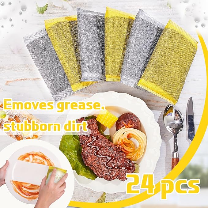 Thyle 24 Pack Steel Scrub Sponges for Dishes Non Scratch Scouring Multi Use Metal Scrubber Heavy Duty Dish Wash Kitchen Sponge for Pot Dish Washing Hard Surface Cleaning (Gray,Yellow)