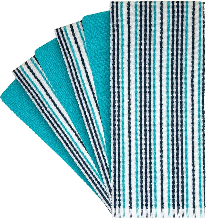 Kitchen Towels 16”x 26” - 6 Pack | Large Cotton Kitchen Hand Towels | Dish Towels | Popcorn Stripe Design | 430 GSM Highly Absorbent Tea Towels Set with Hanging Loop | Dish Towels for Kitchen | Aqua