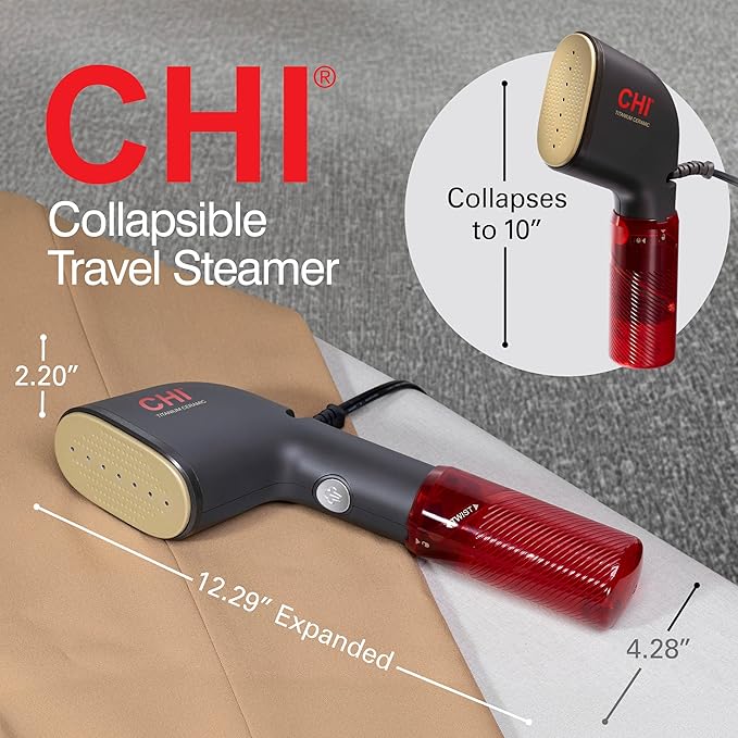 CHI Collapsible Travel 2-in-1 Handheld Garment Steamer & Steam Iron for Clothes, 1200 Watts, 120 ml Water Tank, 6 Minutes of Steam, Fast Heatup, 10' Cord, Black