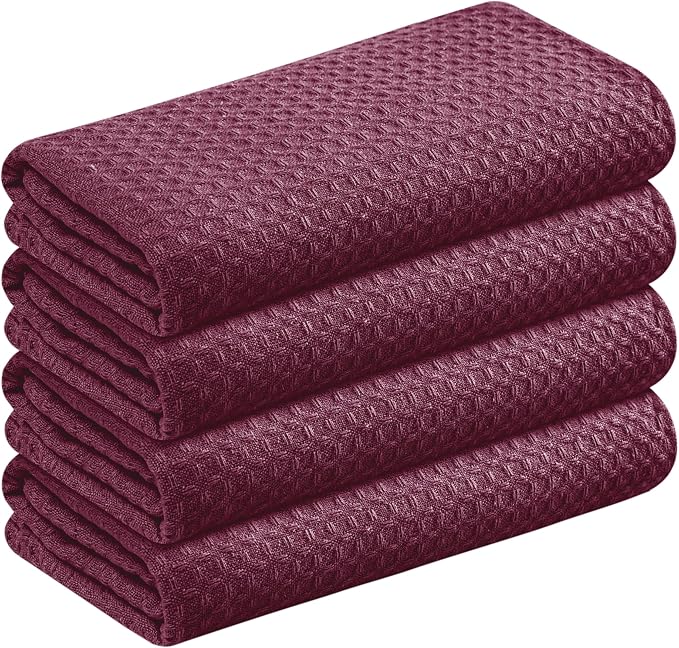 Burgundy Kitchen Towels – Waffle Weave, 100% Cotton, Soft & Absorbent, Fast Dry, Durable, 16x26 Inches, Perfect for Dish Drying, Bar, Cleaning, Hand Wipe and Everyday Use, Set of 4