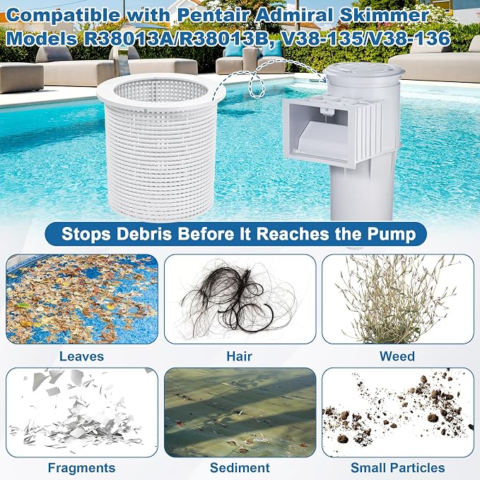 BigHead R38013A Pool Skimmer Basket Compatible with Pentair American Admiral for Inground Heavy Duty Pool Skimmer Basket Replacement for R38013A V38-135 V38-135 V38-136 (White)