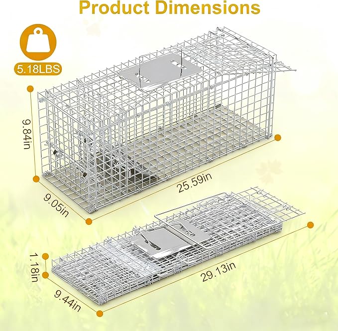 Live Humane Animal Trap Cage Cat Trap Folding Catch and Release for Raccoons Opossums Skunks Feral Cats Squirrels Rabbit 25.59Inch
