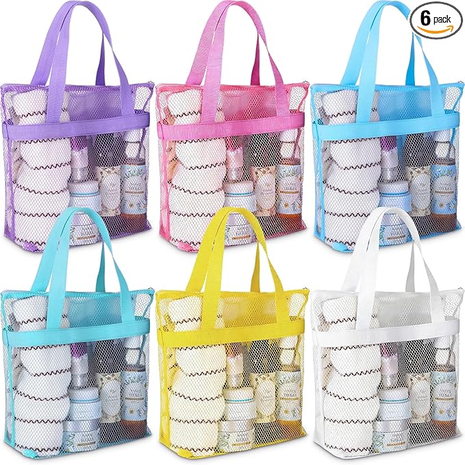 6 Pcs Mesh Shower Caddy Bags Portable Mesh Beach Bags Bulk with Zipper & 2 Pockets Hanging Toiletry and Bath Organizer for Gym Swimming Travel Camping College Dorms Beach (Macaron Color)