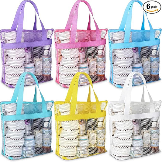 6 Pcs Mesh Shower Caddy Bags Portable Mesh Beach Bags Bulk with Zipper & 2 Pockets Hanging Toiletry and Bath Organizer for Gym Swimming Travel Camping College Dorms Beach (Macaron Color)