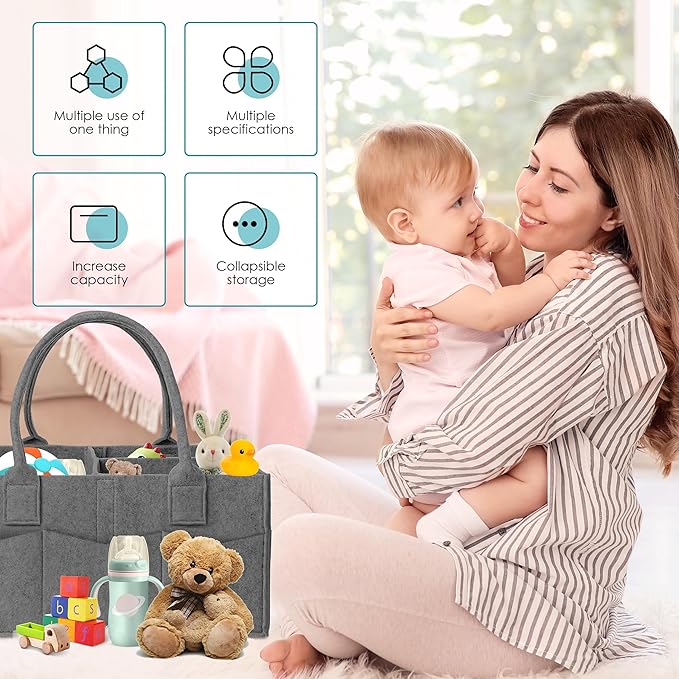 Cute Castle 2 Pack Diaper Caddy Organizer - Portable Baby Caddy Organizer with Handle, Nursery Storage Bin and Car Organizer for Girls, Boys - Baby Gift Basket - Dark Grey, Large