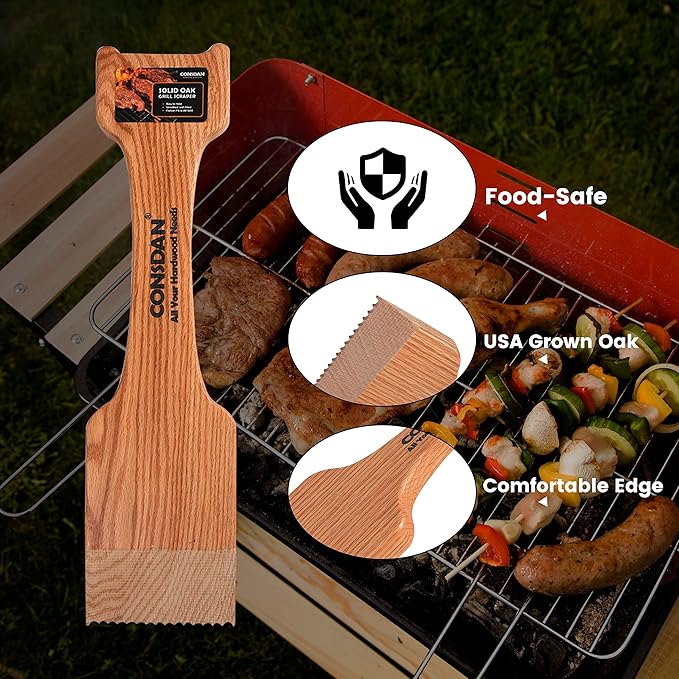 CONSDAN Wood Grill Scraper, Soild Oak Wooden Grill Brush, Grill Scraper for Outdoor Grill, Bristle Free Grill Scrapers, Grill Grate Cleaner Safe Wood Grill Brusher