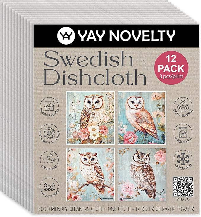 Swedish Dishcloths - 12 Pack | Made in Germany | Ultra-Absorbent, Reusable Cellulose Sponge Cloths for Kitchen | No-Odor, Eco-Friendly Cleaning Wipes | Water-Based Ink | Vintage Owl