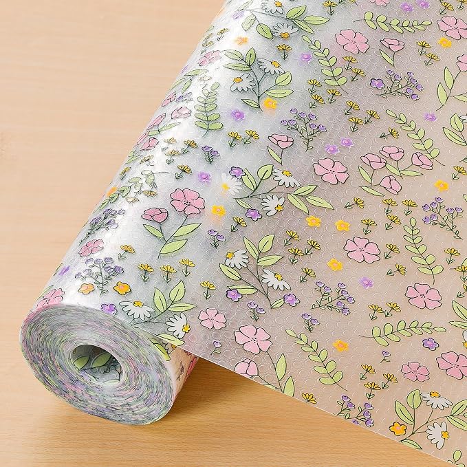 INNOLITES Shelf Liners for Kitchen Cabinets Non-Adhesive Drawer Liner with Floral, Waterproof Durable Easy to Clean, for Refrigerator, Shelves (Pink Purple Rose, 11.8" x 360")
