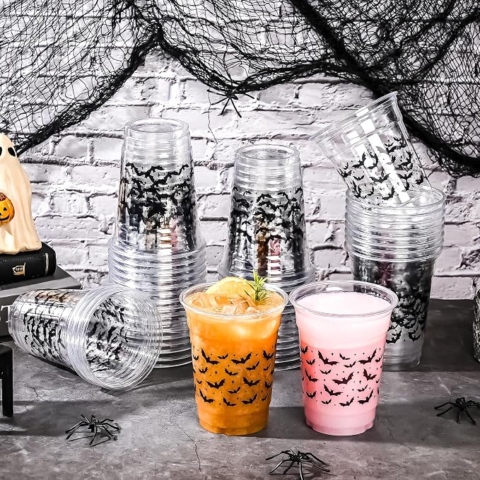 AimFun Halloween Bats Plastic Cups White Black Ghosts Disposable Party Cup Cute Spooky 12oz Clear Cups for Candy Beverage Snacks Birthday Baby Shower Party Supplies (100, Bats)