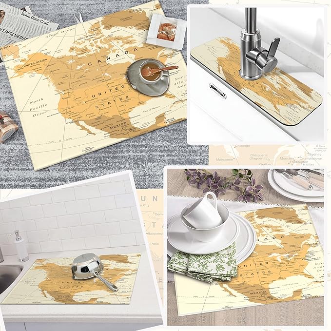 Set of 3 World Map Dish Drying Mat & Kitchen Sink Splash Guard Faucet Mat For Kitchen Counter Absorbent Microfiber Dishes Pad Dish Drainer Rack Mats Fast Dry Kitchen Accessories