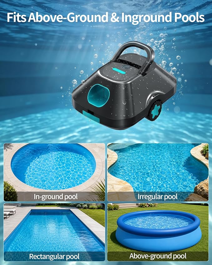 Robotic Pool Cleaner,Cordless Automatic Pool Cleaner with 210-Min Runtime,Pool Vacuum for Above Ground & Inground Pools,Coverage up to 2200 Sq.Ft,Easy Retrieve,Smart Parking,Light Teal
