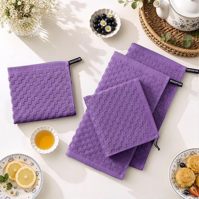 Homaxy 100% Cotton Terry Kitchen Dish Cloths, Ultra Soft Absorbent Dish Towels with Hanging Loop, Pineapple Grid Designed, 12 x 12 Inches, 6-Pack, Purple