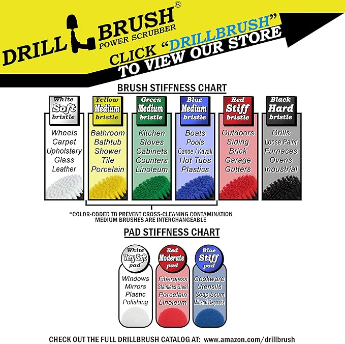 Drillbrush Kitchen Cleaning Supplies - Whole Household Scrubbing Pads and Medium Stiffness Brushes - Stove Top and Oven Rack Cleaning Brush Kit - Sink, Tile, Laminate, Vinyl, Pan, Countertop Scrubber