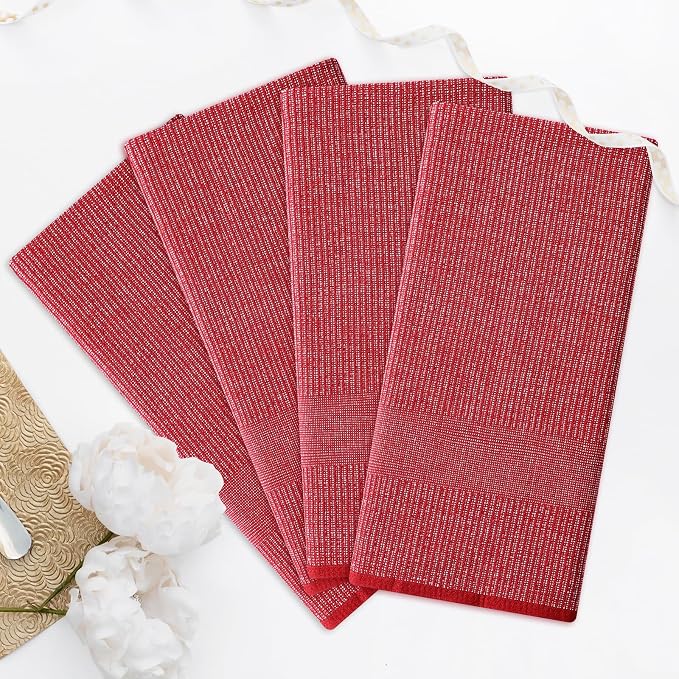 Homaxy Premium Kitchen Towels(18”x 28”, 3 Pack), Large Cotton Kitchen Hand Towels, Flat and Terry Dish Towels, 380 GSM Highly Absorbent Tea Towel Set with Hanging Loop, Red