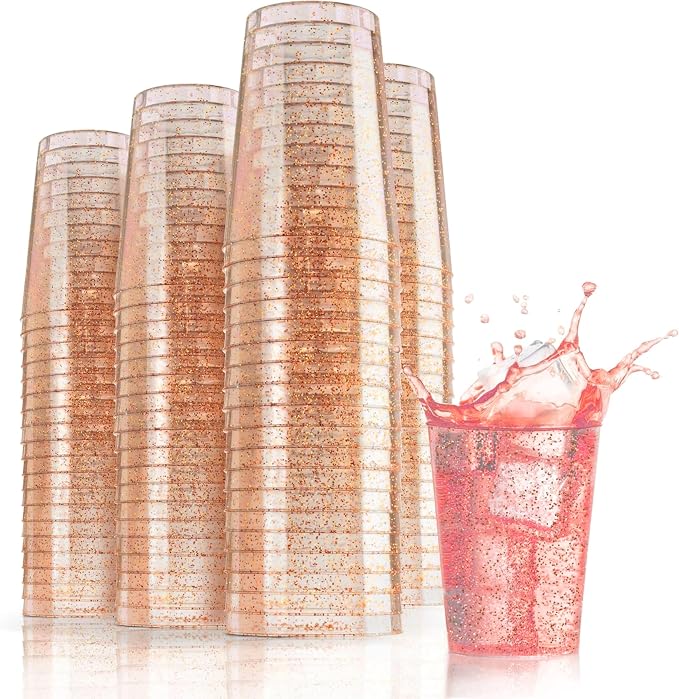 Exquisite Rose Gold Plastic Cups Disposable, Clear Plastic Tumblers 10 Oz. 120 Ct. - Glitter Tumblers, Rose Gold Glitter Cups Disposable For Party, Weddings, Cocktail Glasses & Wine Glasses