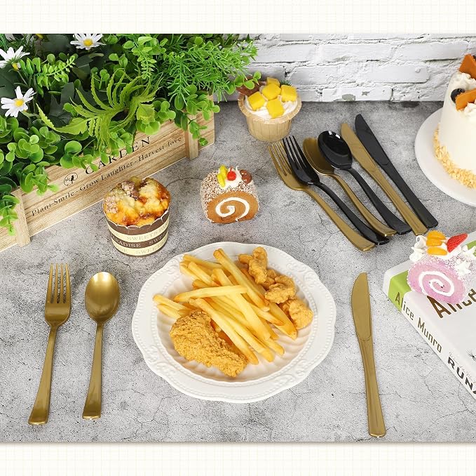 Kochorie 300 Pieces Graduation Black and Gold Plastic Silverware Heavy Duty Plastic Cutlery Set Disposable Flatware Includes Spoons Forks Knives for Party Supplies