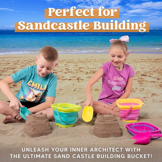 Sloosh 3 Packs Foldable Bucket - Collapsible Bucket with Sand Shovels and Mesh Backpack for Kids Toddlers Beach Toys, Easter Egg Hunt, Camping, Travelling and Fishing Water Pail (Pink/Purple/Green)