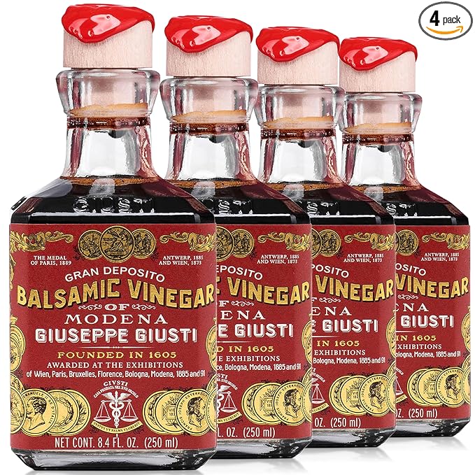 Giusti Italian Balsamic Vinegar of Modena IGP - 3 Gold Medals, Rich & Thick Gran Deposito Aceto Balsamico di Modena for Salads, Cheese & Finishing Touches, Made in Italy – 8.45 fl oz/250 ml -Pack of 4